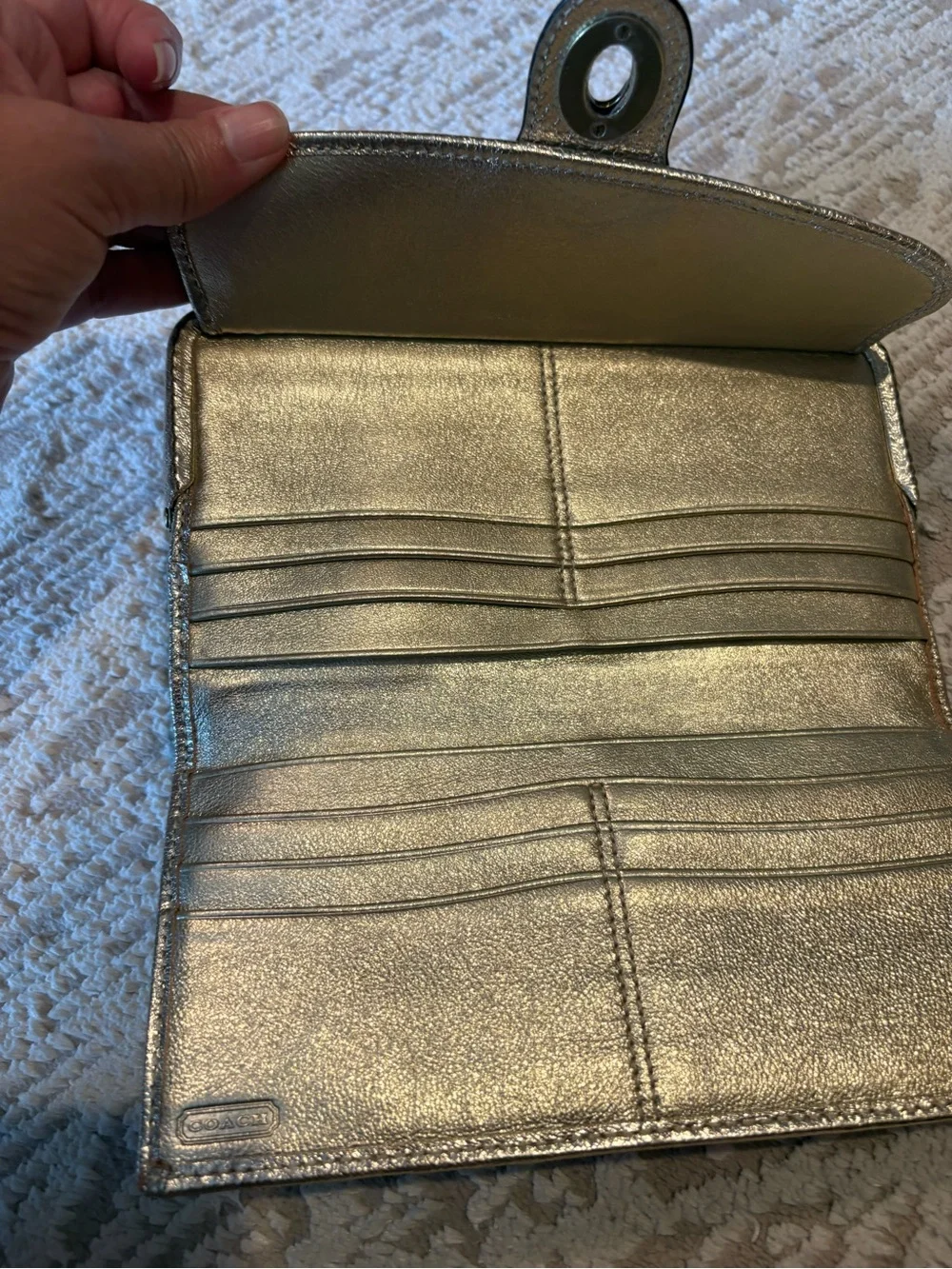 Coach Brown Signature Canvas Wallet with Metallic Gold Accent and Turn-Lock